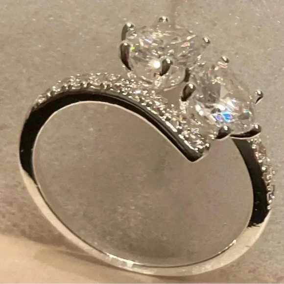 Fine Silver Plate Cubic Zirconia 2-Stone Ring - Picture 3 of 5